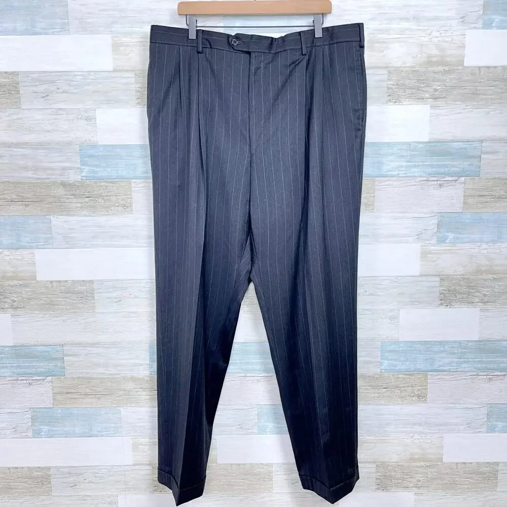 Jos A Bank Wool Suit Gray Striped Mens 46 XL Jacket 40x32 Pleated Cuffed Pants